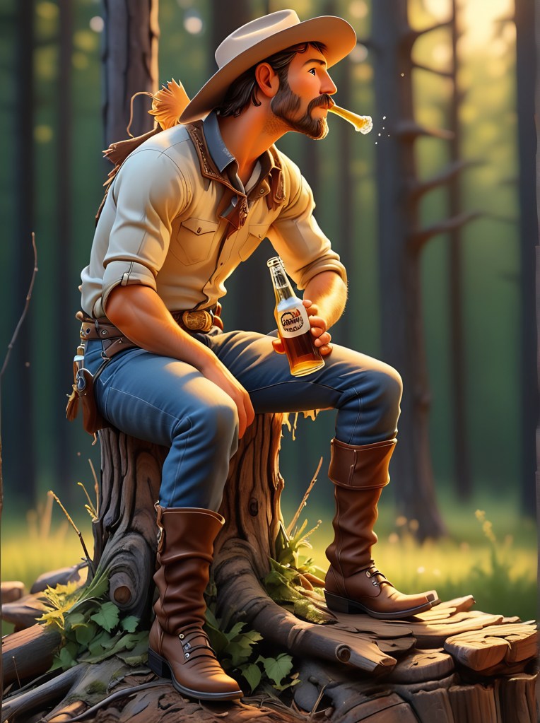 Final AI Rendering of a cowboy on a wooden tree stump